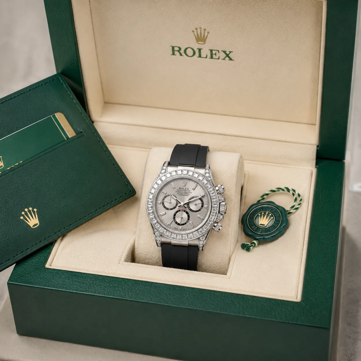Rolex Cosmograph Daytona m126539tbr-0002 40mm Calibre 4131 Mother-of-Pearl / Diamond-Set Bezel 18K White Gold AI 头图 5 - 包装盒 [ai-shot:box-shot]
