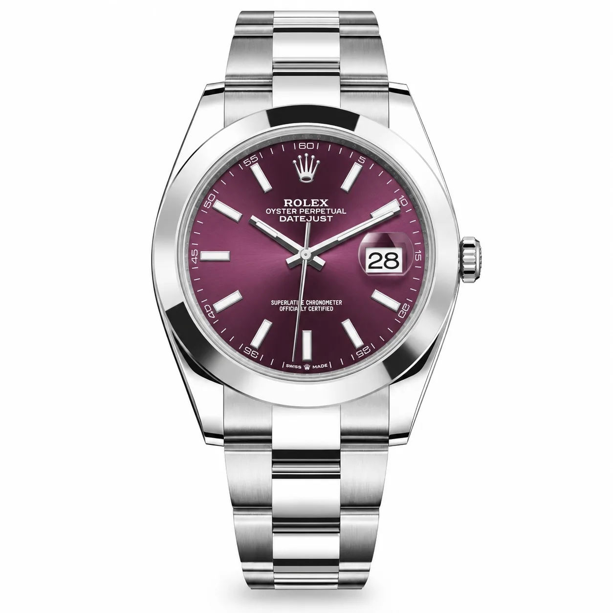 Rolex Datejust m126300-0005 41mm Calibre 3235 Red Grape / Smooth Bezel 904L Stainless Steel AI 头图 1 - 白底全貌 [ai-shot:full-white]