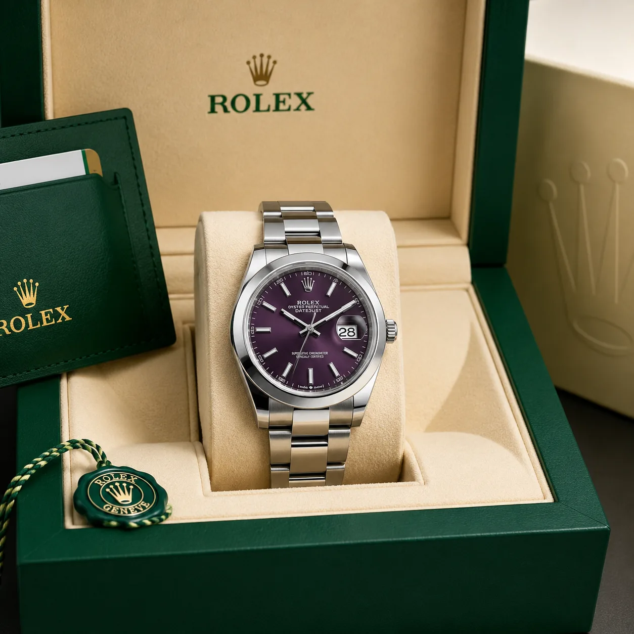 Rolex Datejust m126300-0005 41mm Calibre 3235 Red Grape / Smooth Bezel 904L Stainless Steel AI 头图 5 - 包装盒 [ai-shot:box-shot]