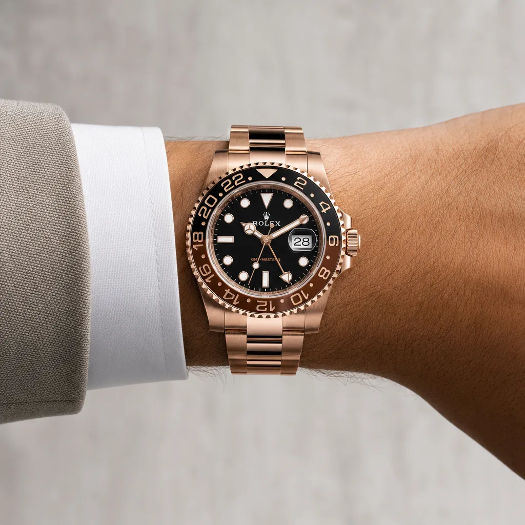 Rolex GMT-Master II M126715CHNR-0002 40mm Black Dial Cerachrom Bezel 18K Everose Gold AI 头图 4 - 佩戴图 [ai-shot:wrist-shot]