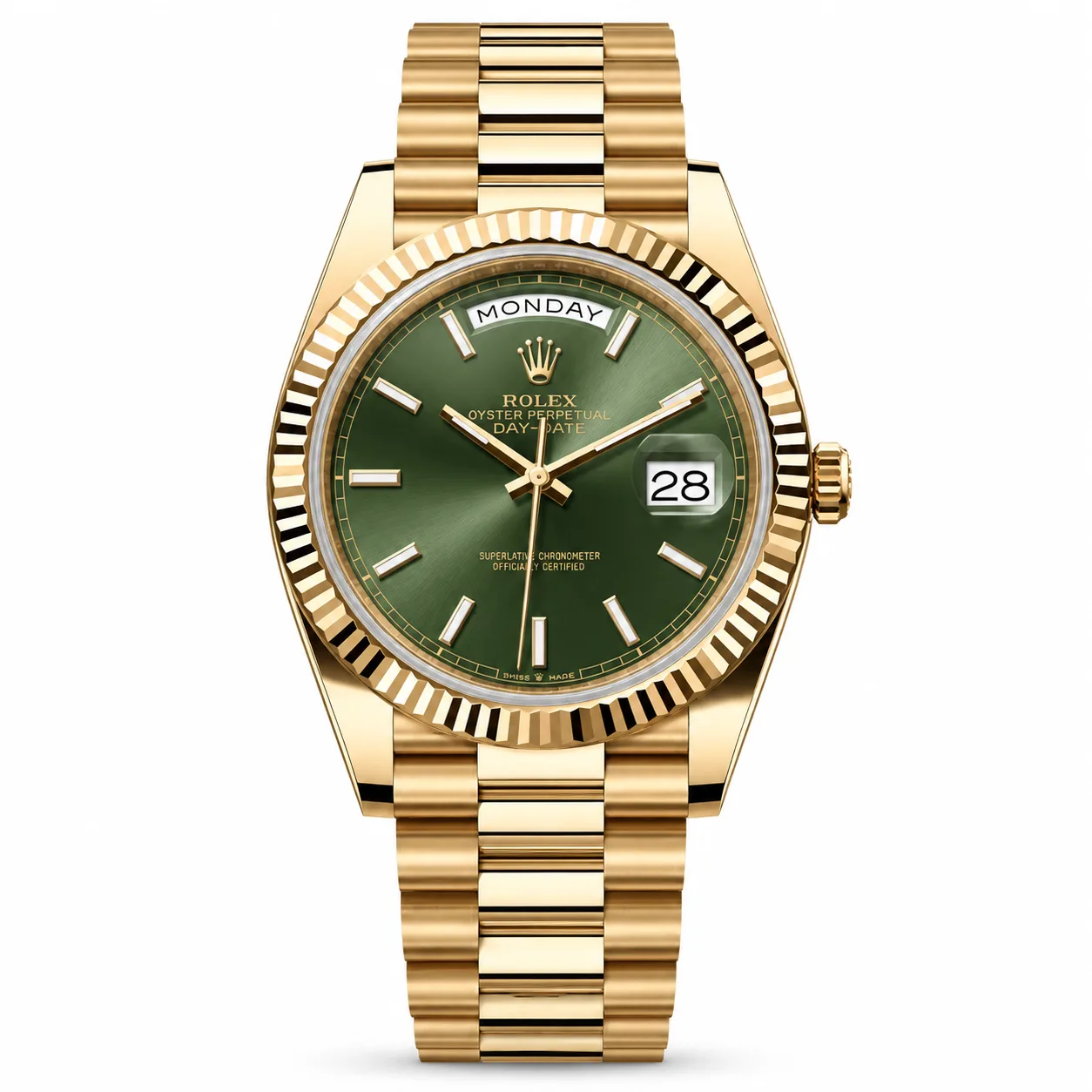 Rolex Day-Date m228238-0066 40mm Calibre 3255 Green / Fluted Bezel 18K Yellow Gold AI 头图 1 - 白底全貌 [ai-shot:full-white]