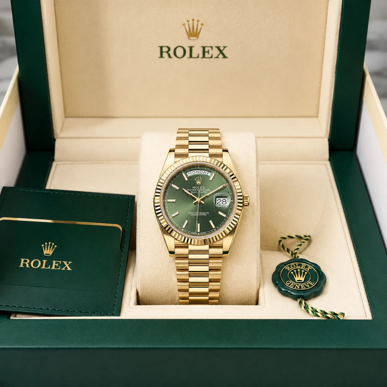 Rolex Day-Date m228238-0066 40mm Calibre 3255 Green / Fluted Bezel 18K Yellow Gold AI 头图 5 - 包装盒 [ai-shot:box-shot]