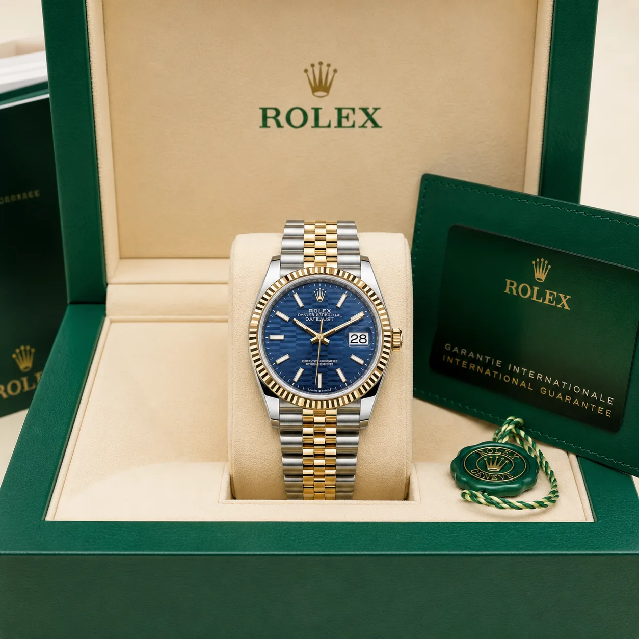 Rolex Datejust M126233-0039 36mm Calibre 3235 Blue / Fluted Bezel 904L Stainless Steel and 18K Yellow Gold AI 头图 5 - 包装盒 [ai-shot:box-shot]