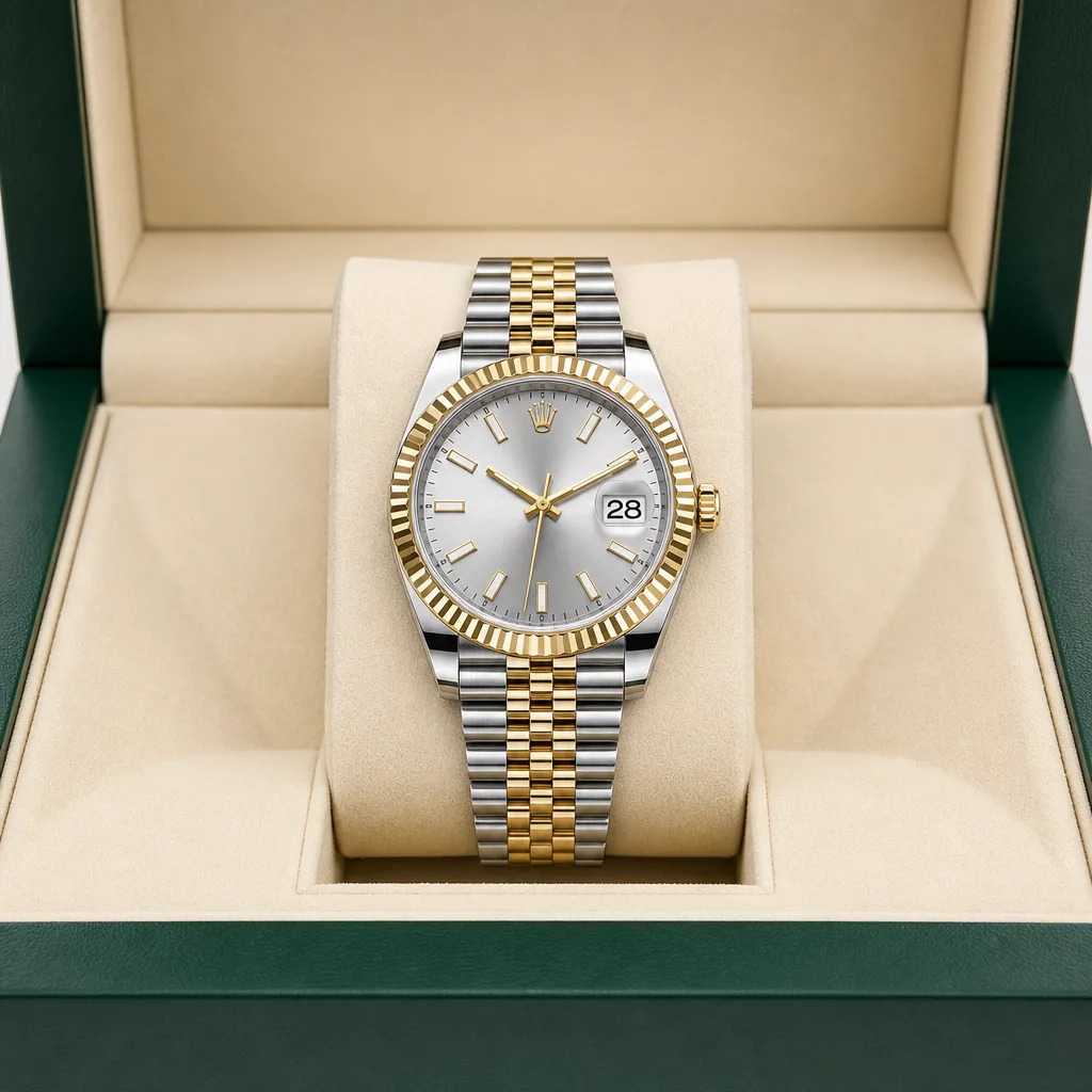 Rolex Datejust m126303-0012 41mm Silver Dial Fluted Bezel 904L Stainless Steel and 18K Yellow Gold AI 头图 5 - 包装盒 [ai-shot:box-shot]