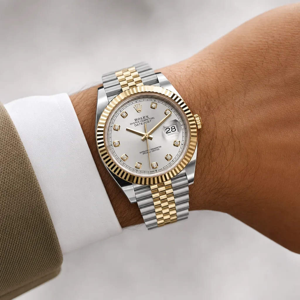 Rolex Datejust m126303-0012 41mm Silver Dial Fluted Bezel 904L Stainless Steel and 18K Yellow Gold AI 头图 4 - 佩戴图 [ai-shot:wrist-shot]