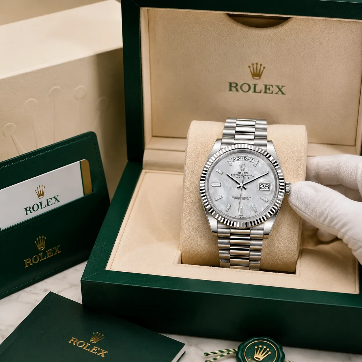 Rolex Day-Date m228239-0078 40mm Silver Dial Fluted Bezel 18K White Gold AI 头图 5 - 包装盒 [ai-shot:box-shot]