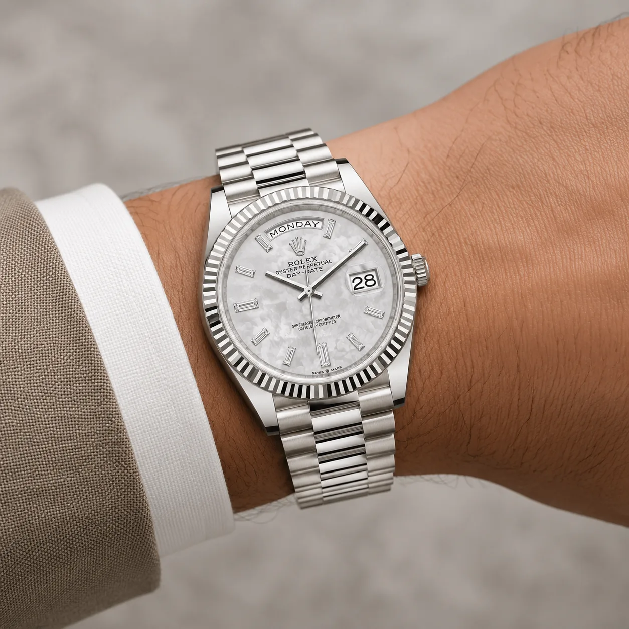 Rolex Day-Date m228239-0078 40mm Silver Dial Fluted Bezel 18K White Gold AI 头图 4 - 佩戴图 [ai-shot:wrist-shot]