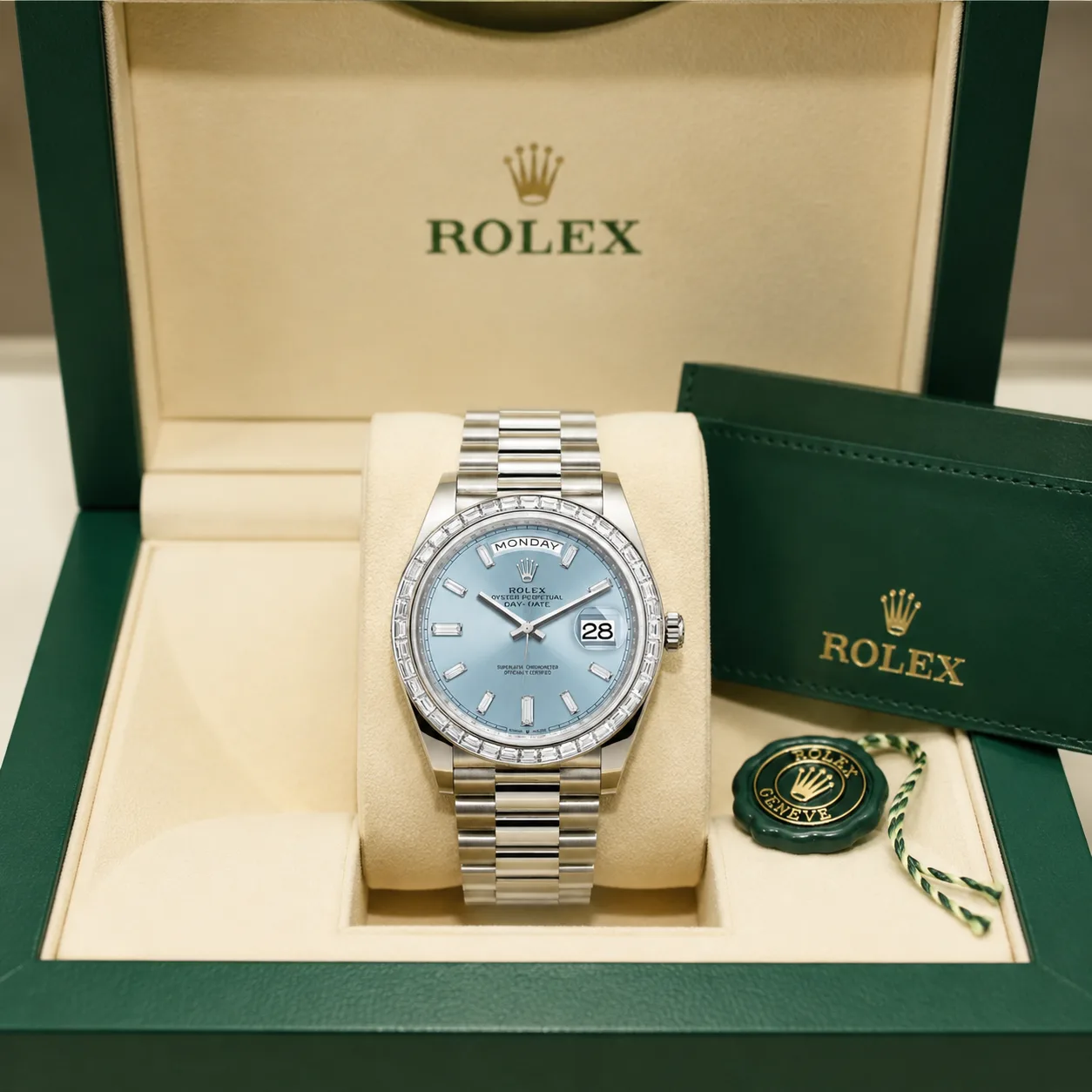 Rolex Day-Date m228396tbr-0002 40mm Ice Blue Dial Diamond-Set Bezel 950 Platinum AI 头图 5 - 包装盒 [ai-shot:box-shot]