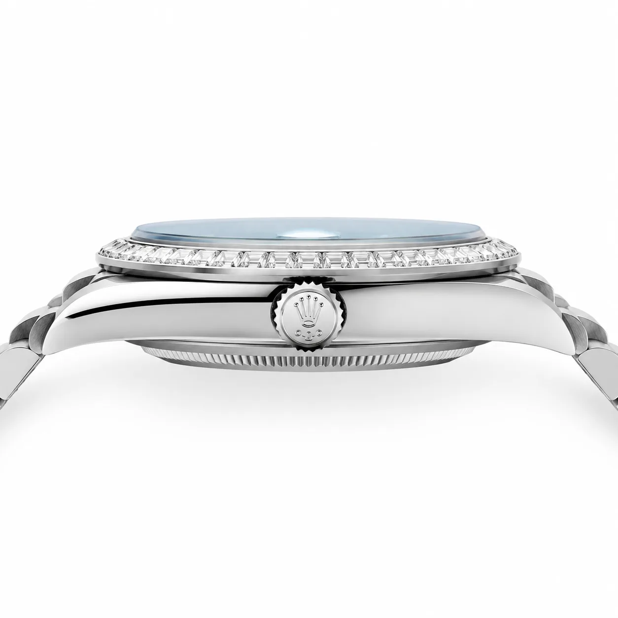 Rolex Day-Date m228396tbr-0002 40mm Ice Blue Dial Diamond-Set Bezel 950 Platinum AI 头图 2 - 侧面细节 [ai-shot:side-detail]