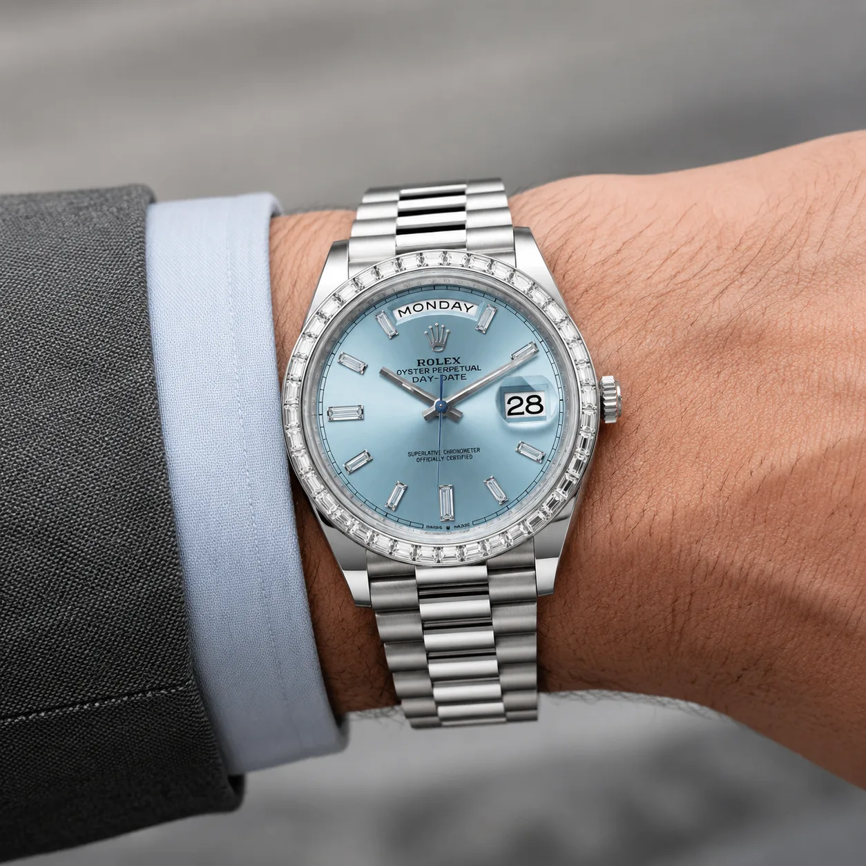 Rolex Day-Date m228396tbr-0002 40mm Ice Blue Dial Diamond-Set Bezel 950 Platinum AI 头图 4 - 佩戴图 [ai-shot:wrist-shot]