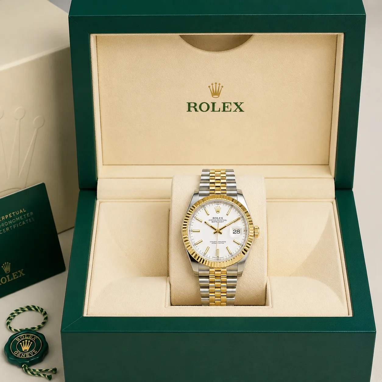 Rolex Datejust m126333-0022 41mm White Dial Fluted Bezel 904L Stainless Steel and 18K Yellow Gold AI 头图 5 - 包装盒 [ai-shot:box-shot]