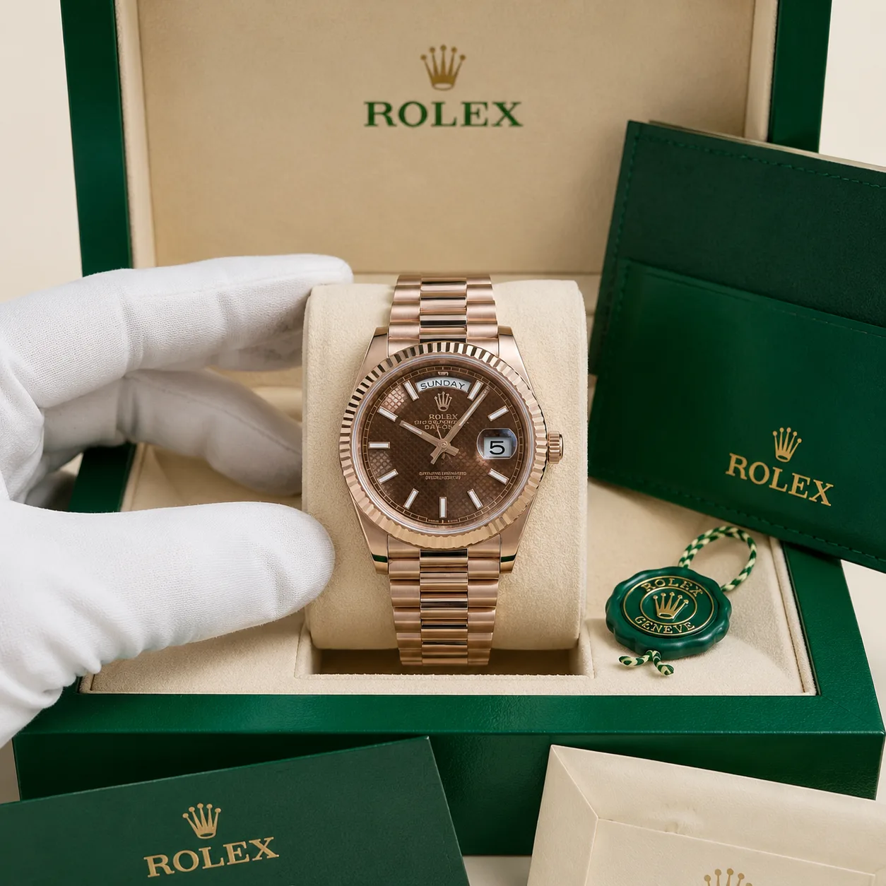 Rolex Day-Date M228235-0053 Cal.3255 Chocolate Dial Fluted Bezel AI 头图 5 - 包装盒 [ai-shot:box-shot]