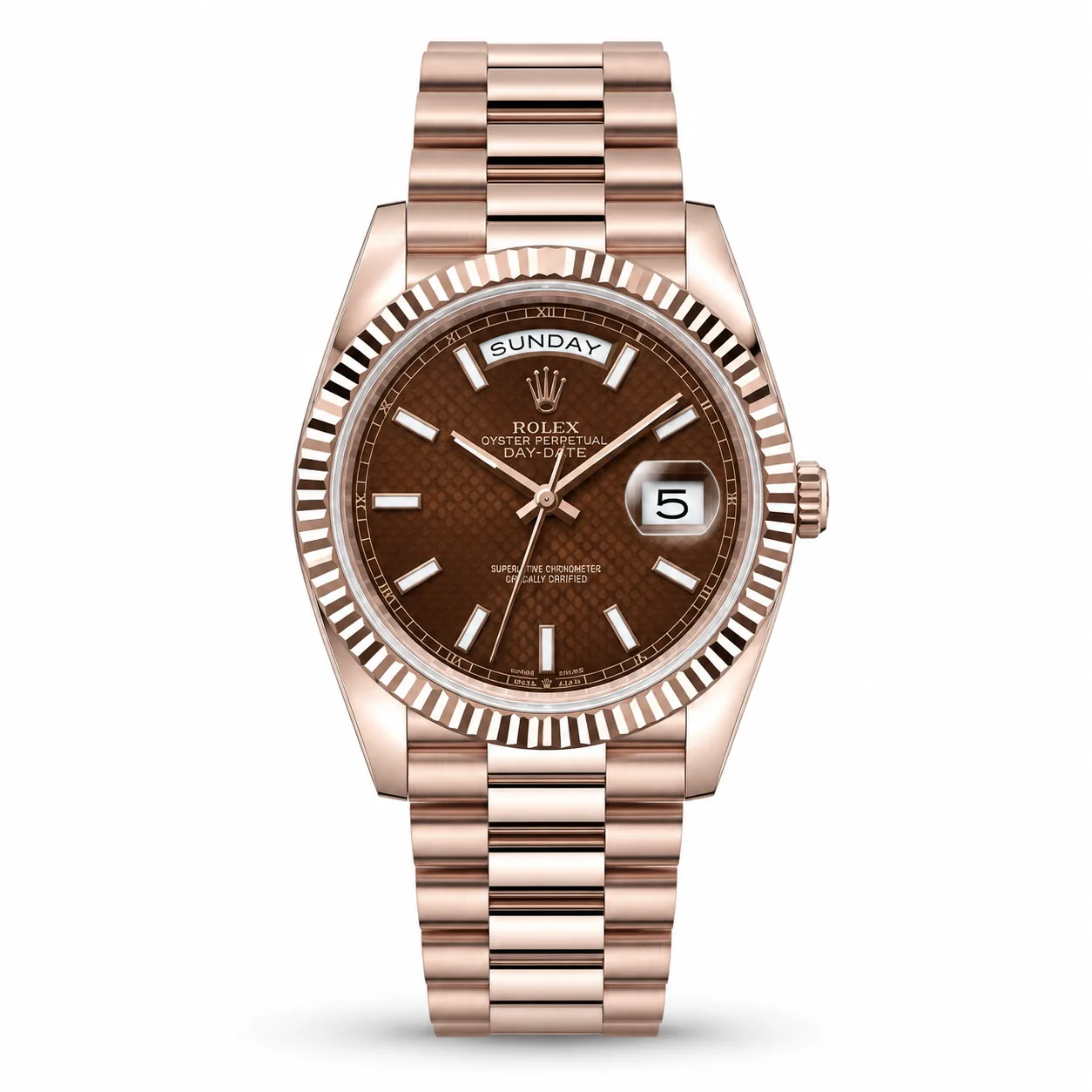 Rolex Day-Date M228235-0053 Cal.3255 Chocolate Dial Fluted Bezel AI 头图 1 - 白底全貌 [ai-shot:full-white]