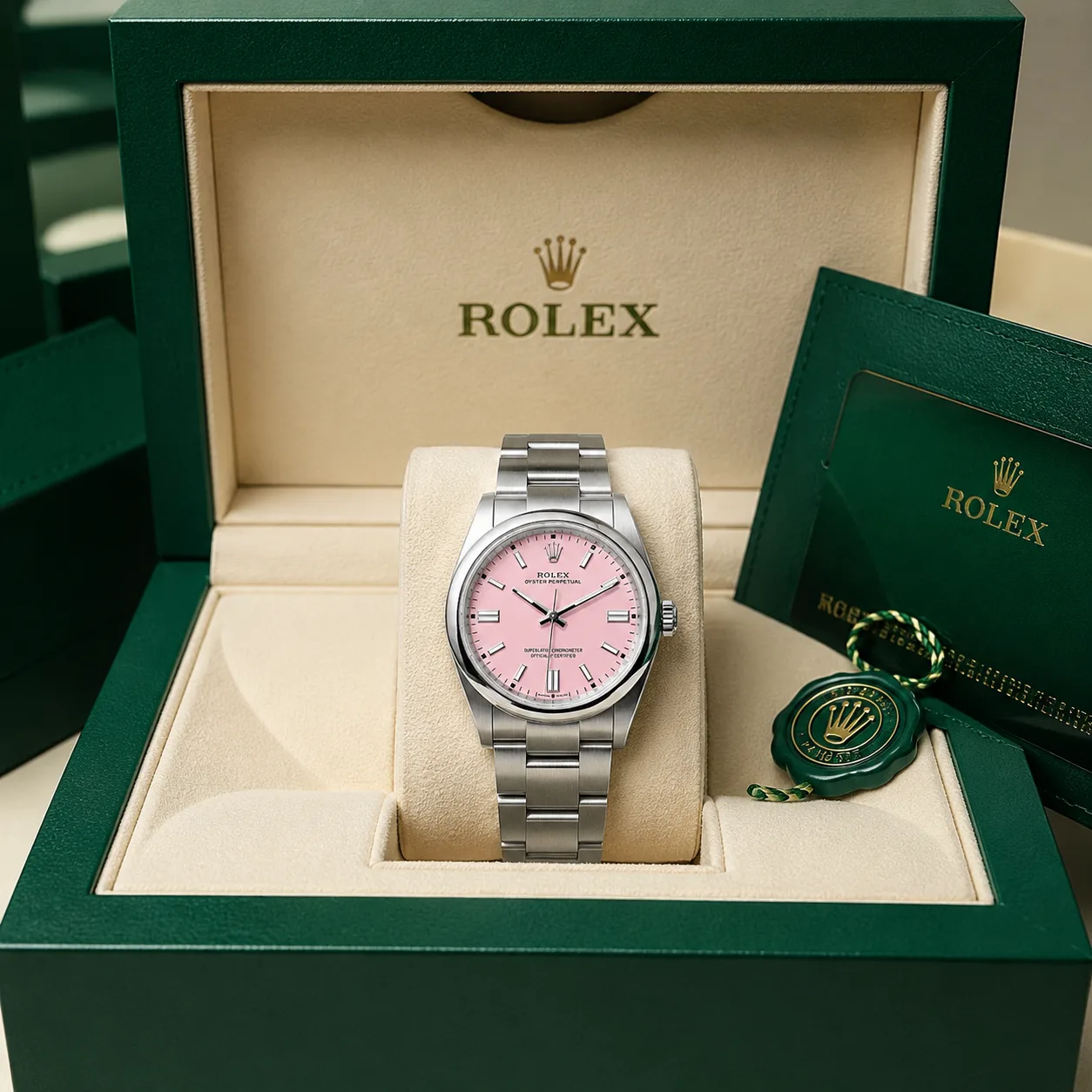 Rolex Oyster Perpetual m126000-0008 36mm Coral Red Dial Smooth Bezel AI 头图 5 - 包装盒 [ai-shot:box-shot]