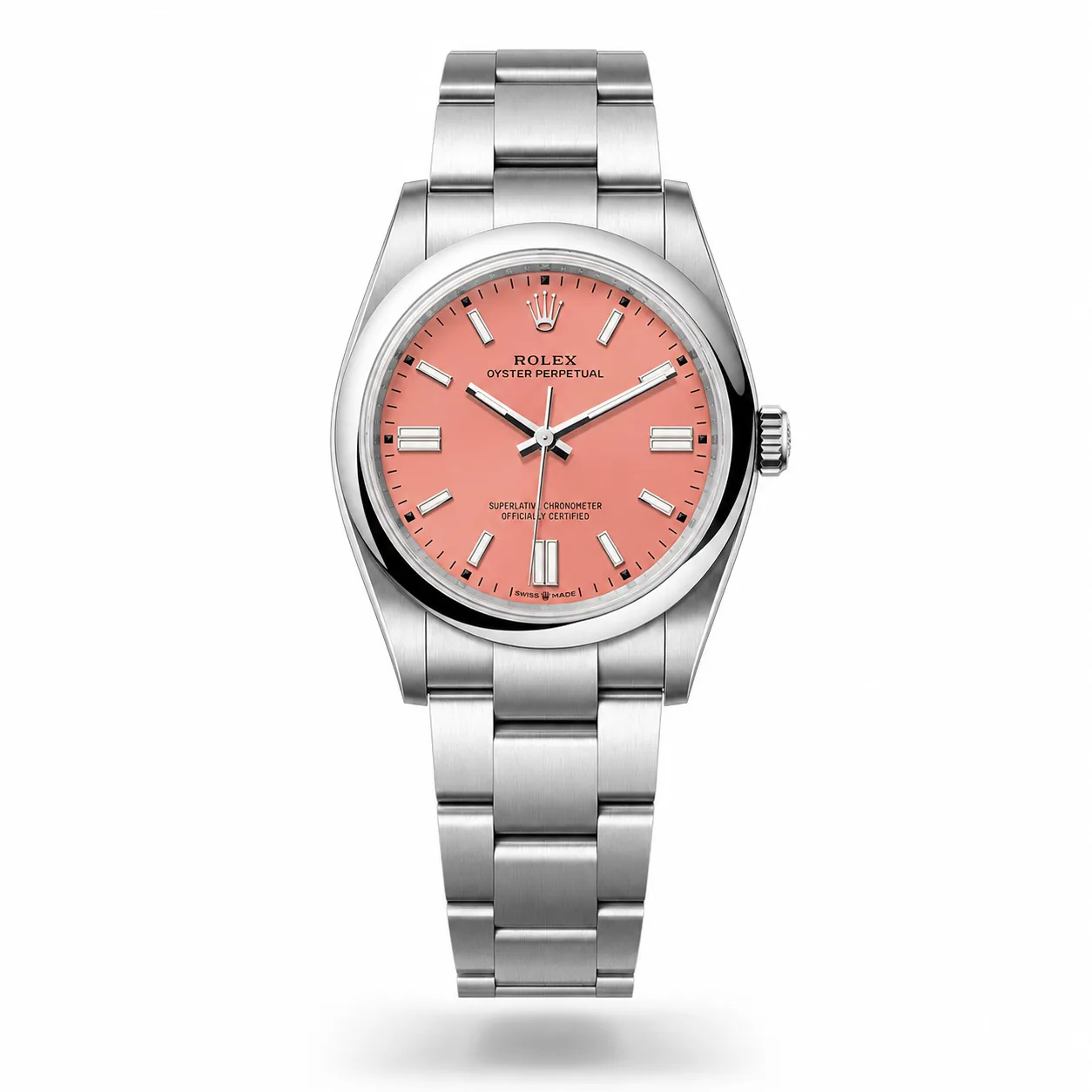 Rolex Oyster Perpetual m126000-0008 36mm Coral Red Dial Smooth Bezel AI 头图 1 - 白底全貌 [ai-shot:full-white]