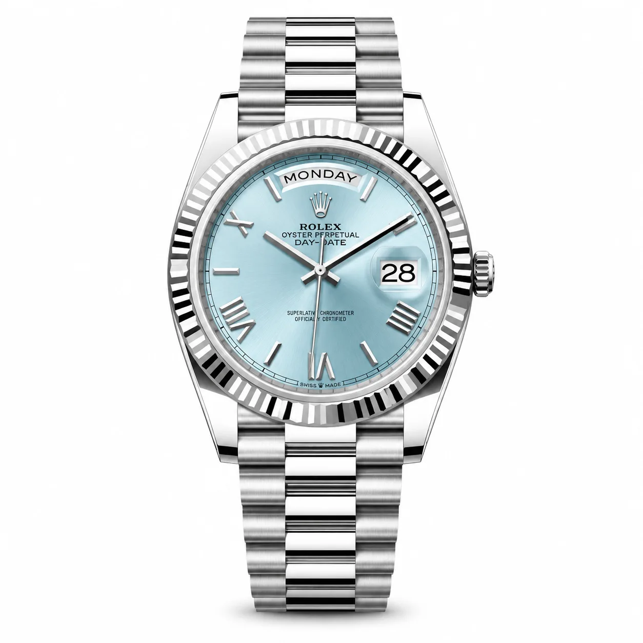 Rolex Day-Date m228236-0026 40mm Ice Blue Dial Fluted Bezel 950 Platinum AI 头图 1 - 白底全貌 [ai-shot:full-white]