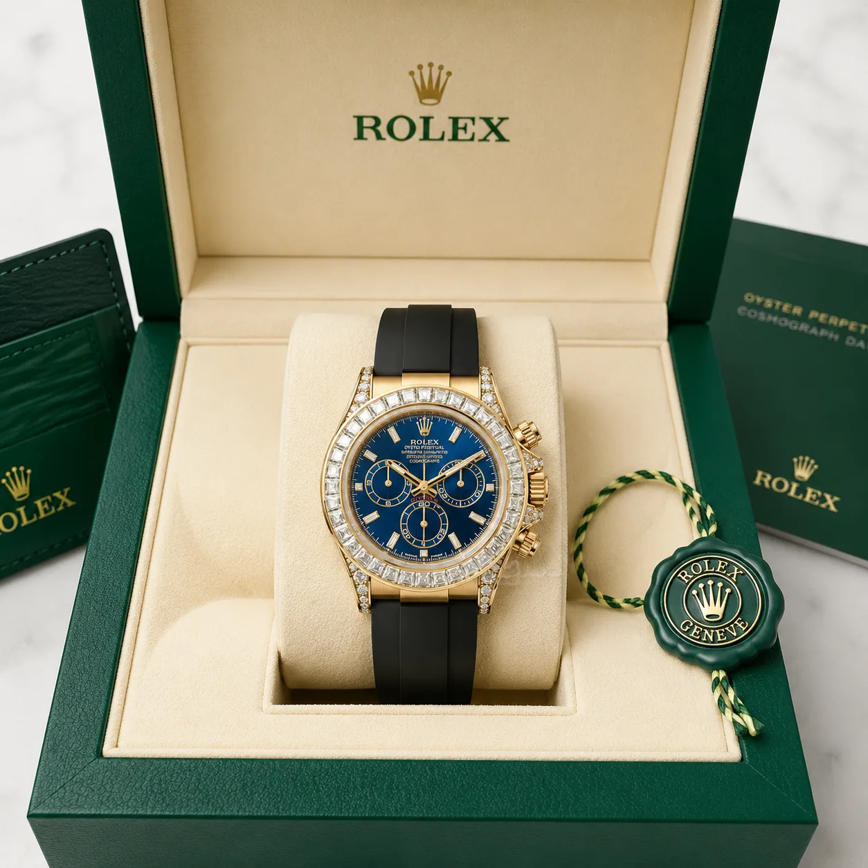 Rolex Cosmograph Daytona m126538tbr-0004 40mm Calibre 4131 Blue / Diamond-Set Bezel 18K Yellow Gold AI 头图 5 - 包装盒 [ai-shot:box-shot]
