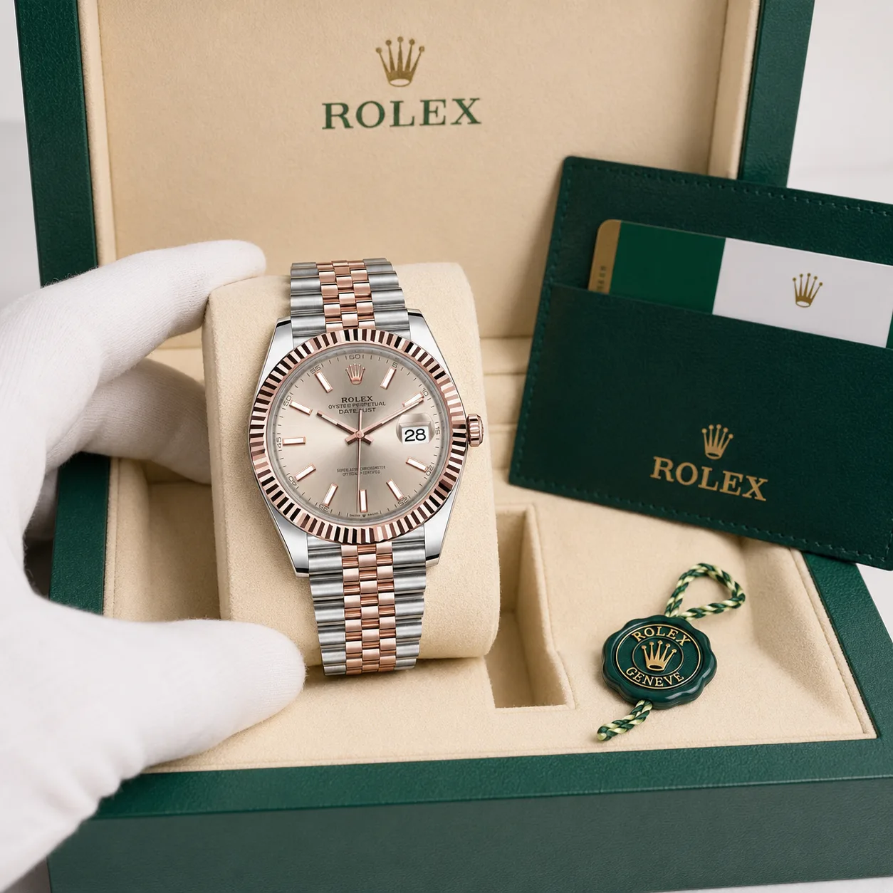 Rolex Datejust m126331-0010 41mm Calibre 3235 Pink / Fluted Bezel 904L Stainless Steel and 18K Everose Gold AI 头图 5 - 包装盒 [ai-shot:box-shot]