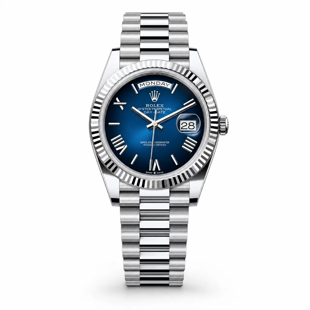 Rolex Day-Date m228236-0024 40mm Blue Dial Fluted Bezel 950 Platinum AI 头图 1 - 白底全貌 [ai-shot:full-white]