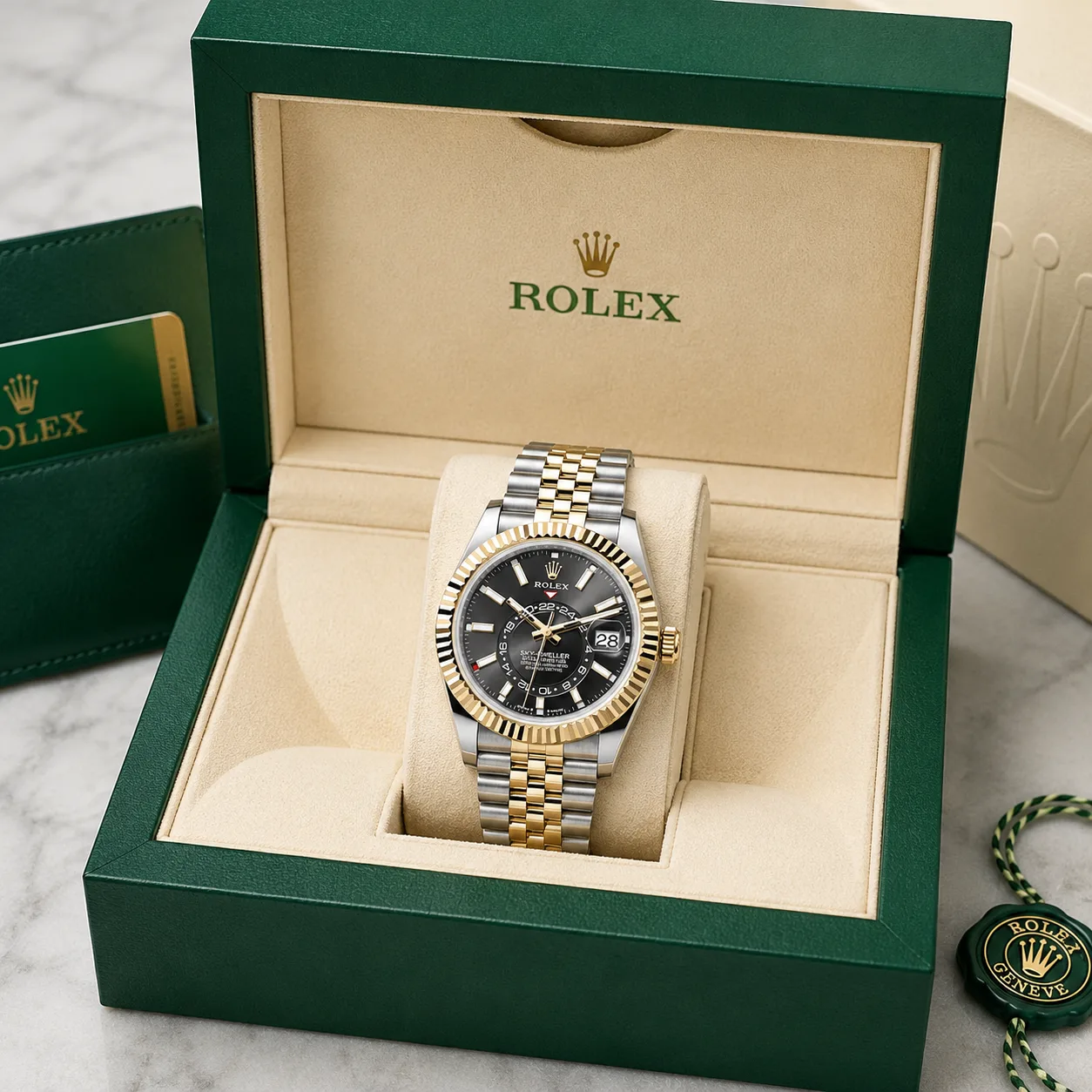 Rolex Sky-Dweller m336933-0004 42mm Calibre 9002 Champagne / Fluted Bezel 904L Stainless Steel and 18K Yellow Gold AI 头图 5 - 包装盒 [ai-shot:box-shot]