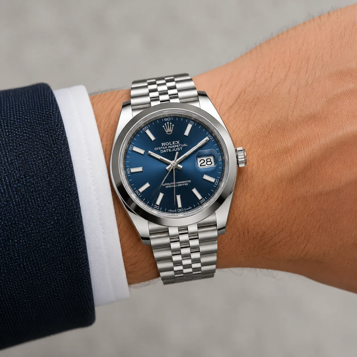 Rolex Oyster Perpetual m126300-0012 41mm Blue Dial Smooth Bezel AI 头图 4 - 佩戴图 [ai-shot:wrist-shot]