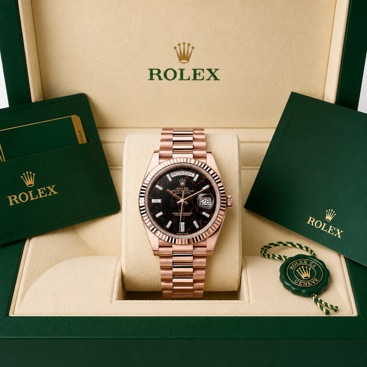 Rolex Day-Date m228235-0045 40mm Rhodonite Dial Fluted Bezel 18K Everose Gold AI 头图 5 - 包装盒 [ai-shot:box-shot]