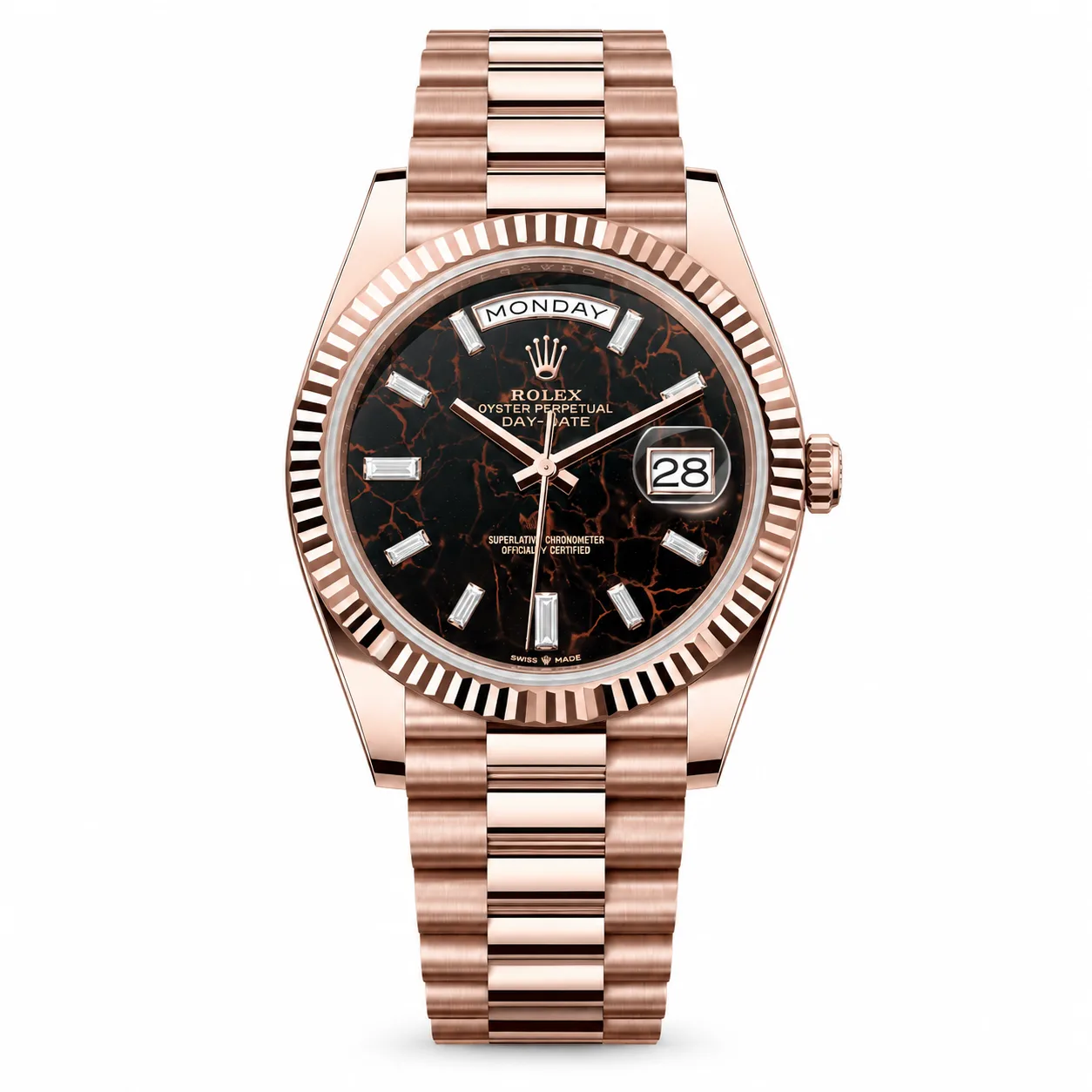 Rolex Day-Date m228235-0045 40mm Rhodonite Dial Fluted Bezel 18K Everose Gold AI 头图 1 - 白底全貌 [ai-shot:full-white]