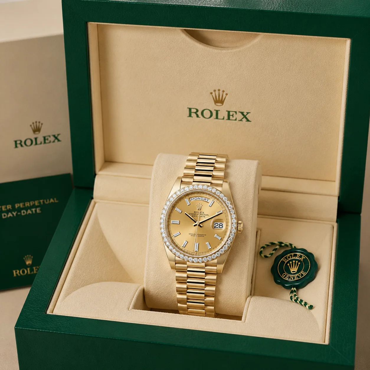 Rolex Day-Date m228348rbr-0008 40mm Champagne Dial Diamond-Set Bezel 18K Yellow Gold AI 头图 5 - 包装盒 [ai-shot:box-shot]