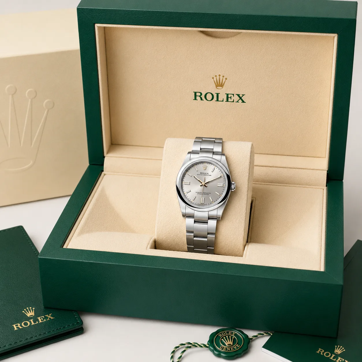 Rolex Oyster Perpetual m126000-0001 36mm Silver Dial Smooth Bezel AI 头图 5 - 包装盒 [ai-shot:box-shot]