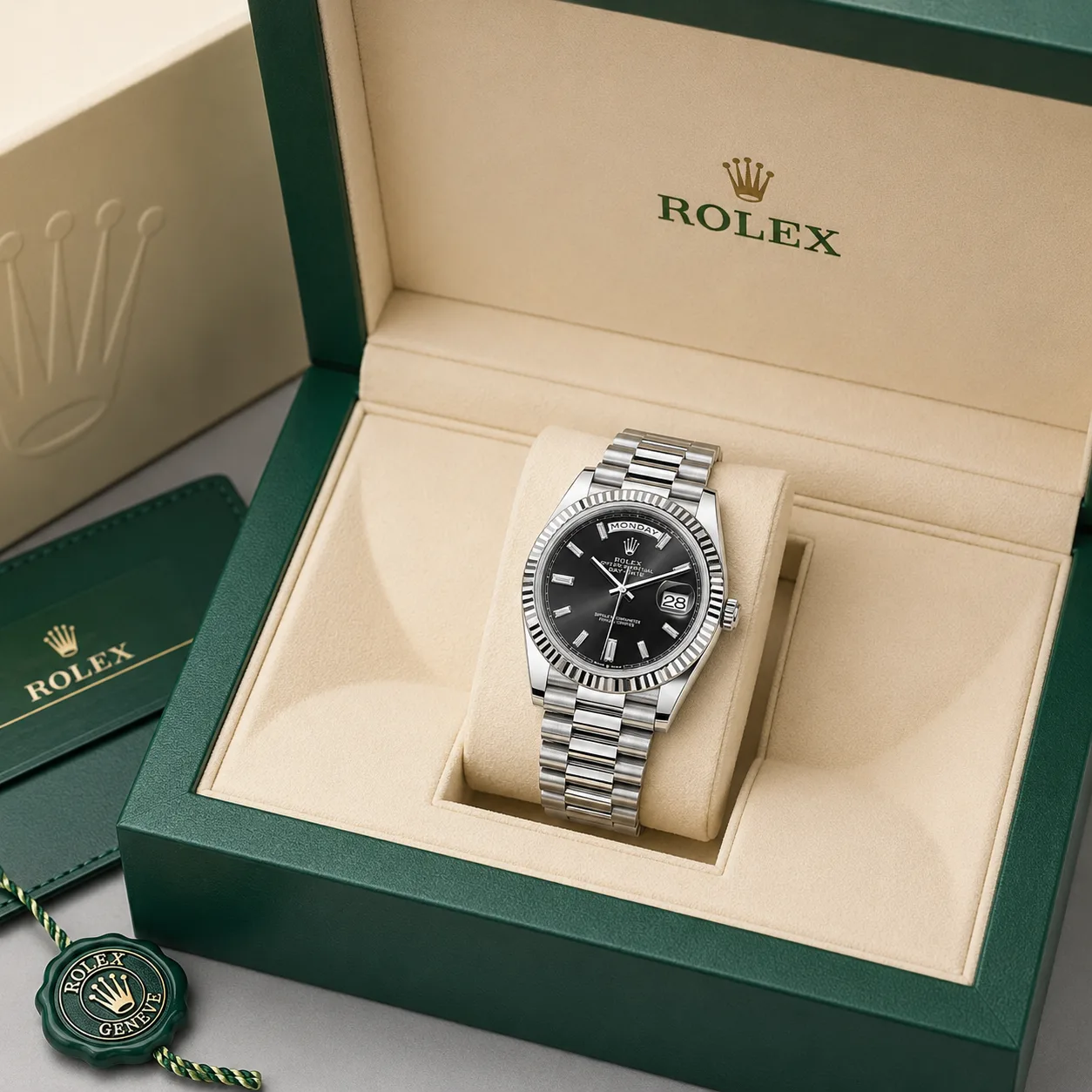 Rolex Day-Date m228236-0004 40mm Black Dial Fluted Bezel 950 Platinum AI 头图 5 - 包装盒 [ai-shot:box-shot]