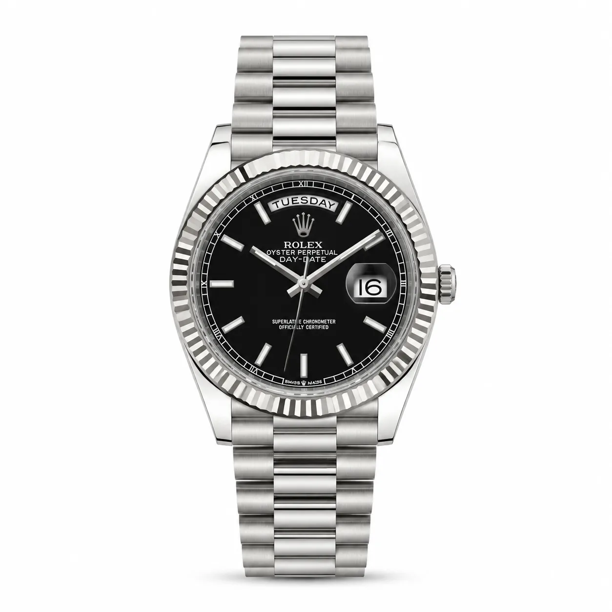 Rolex Day-Date M228239-0004 Cal.3255 Black Dial Fluted Bezel AI 头图 1 - 白底全貌 [ai-shot:full-white]