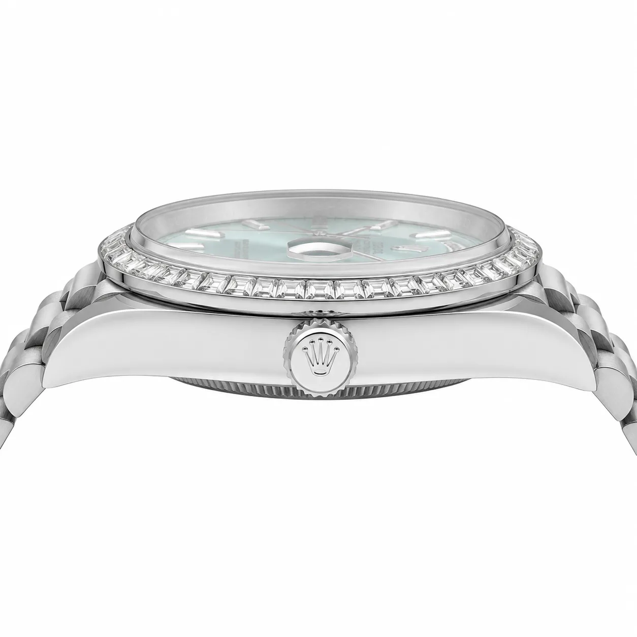 Rolex Day-Date m228396tbr-0039 40mm Calibre 3255 Emerald Green / Diamond-Set Bezel 950 Platinum AI 头图 2 - 侧面细节 [ai-shot:side-detail]