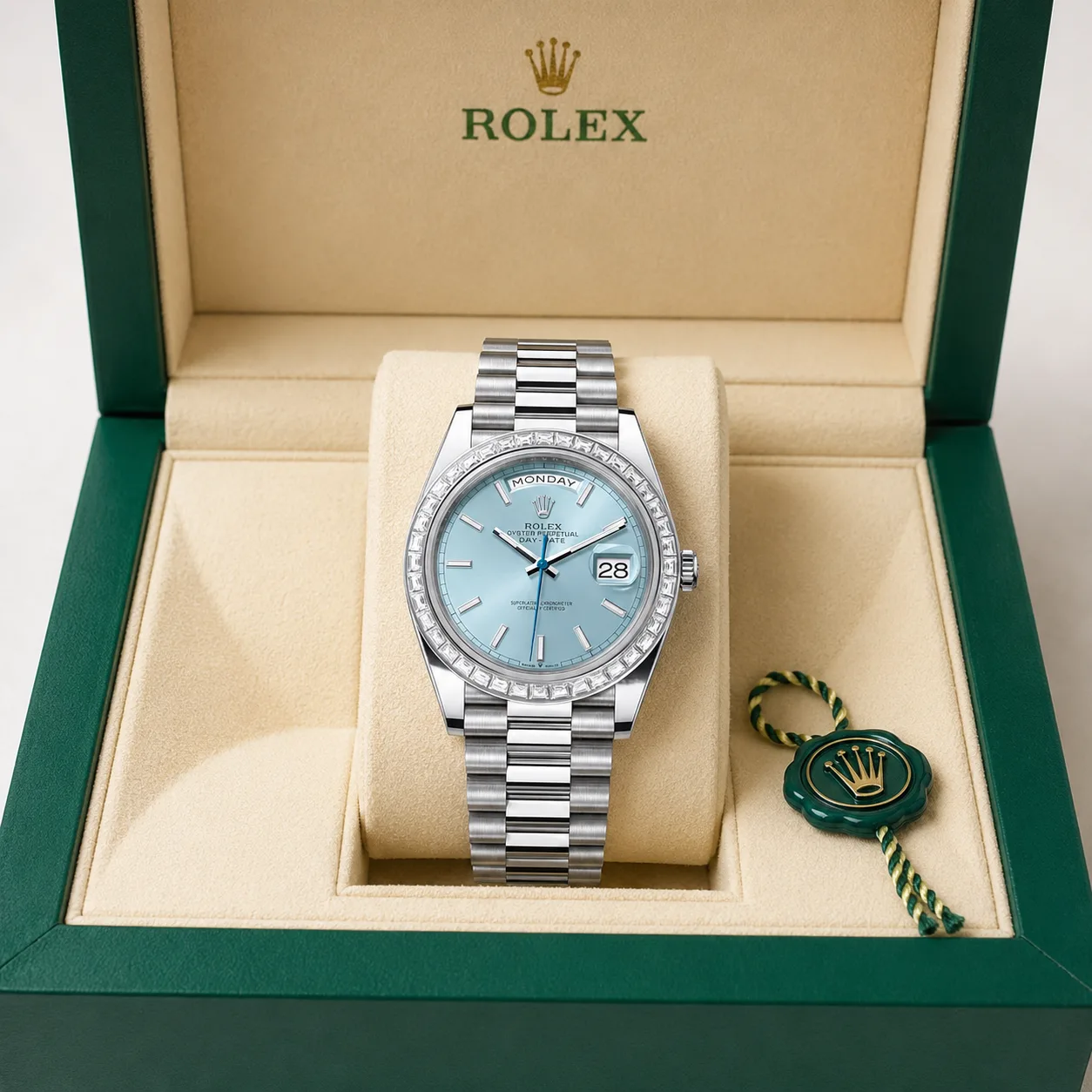 Rolex Day-Date m228396tbr-0039 40mm Calibre 3255 Emerald Green / Diamond-Set Bezel 950 Platinum AI 头图 5 - 包装盒 [ai-shot:box-shot]