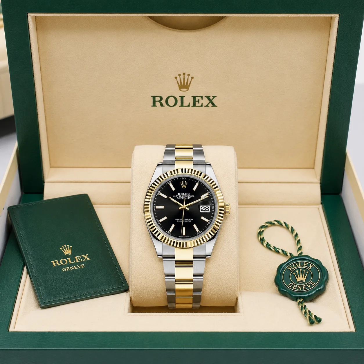 Rolex Datejust m126333-0013 41mm Calibre 3235 Champagne / Fluted Bezel 904L Stainless Steel and 18K Yellow Gold AI 头图 5 - 包装盒 [ai-shot:box-shot]