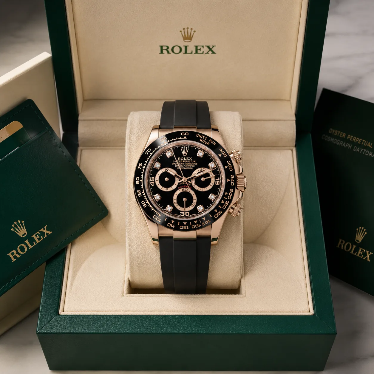 Rolex Cosmograph Daytona m116515ln-0057 40mm Calibre 4130 Black / Black Cerachrom Bezel 18K Everose Gold AI 头图 5 - 包装盒 [ai-shot:box-shot]