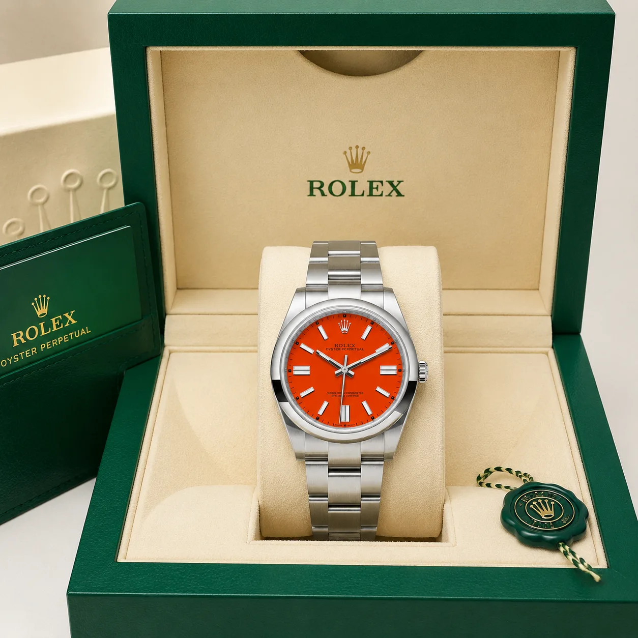Rolex Oyster Perpetual m124300-0007 41mm Calibre 3230 Bright Blue / Smooth Bezel 904L Stainless Steel AI 头图 5 - 包装盒 [ai-shot:box-shot]
