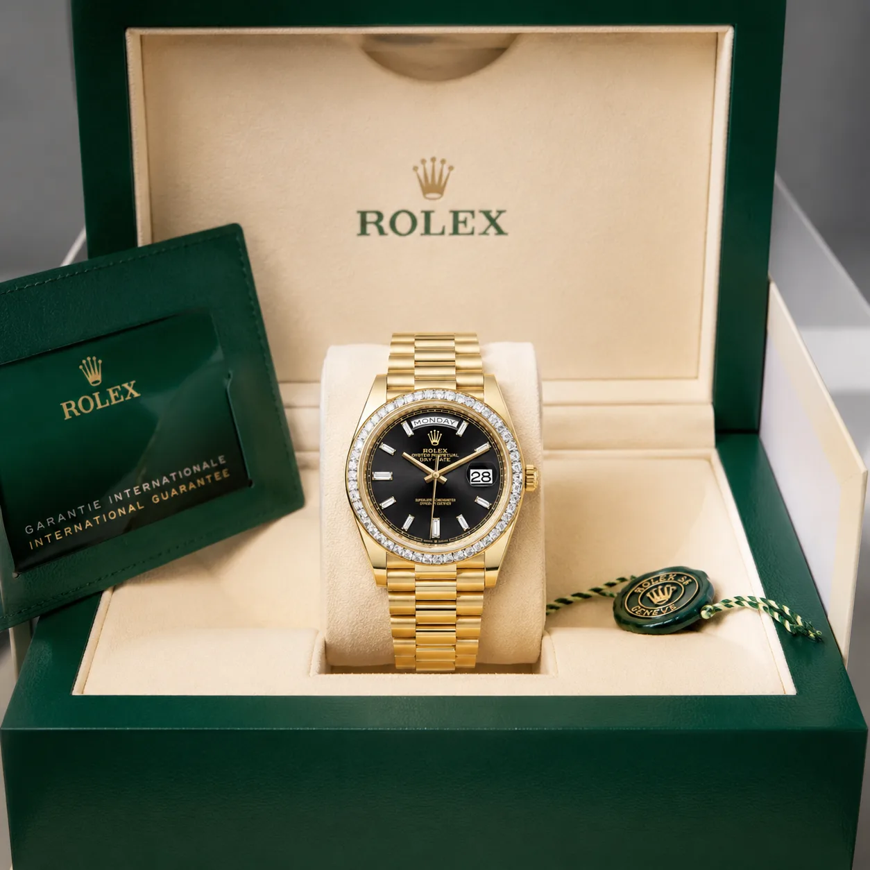 Rolex Day-Date m228398tbr-0001 40mm Calibre 3255 White / Diamond-Set Bezel 18K Yellow Gold AI 头图 5 - 包装盒 [ai-shot:box-shot]