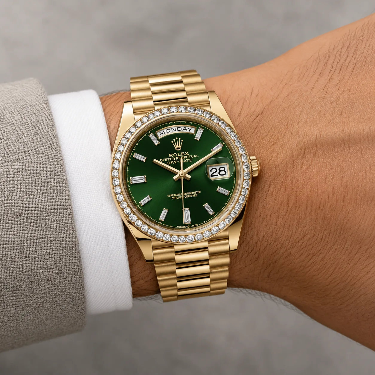 Rolex Day-Date m228398tbr-0038 40mm Calibre 3255 Green / Diamond-Set Bezel 18K Yellow Gold AI 头图 4 - 佩戴图 [ai-shot:wrist-shot]
