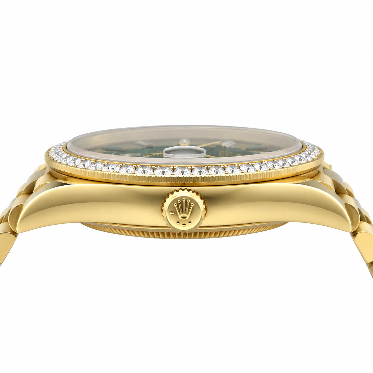 Rolex Day-Date m228398tbr-0038 40mm Calibre 3255 Green / Diamond-Set Bezel 18K Yellow Gold AI 头图 2 - 侧面细节 [ai-shot:side-detail]