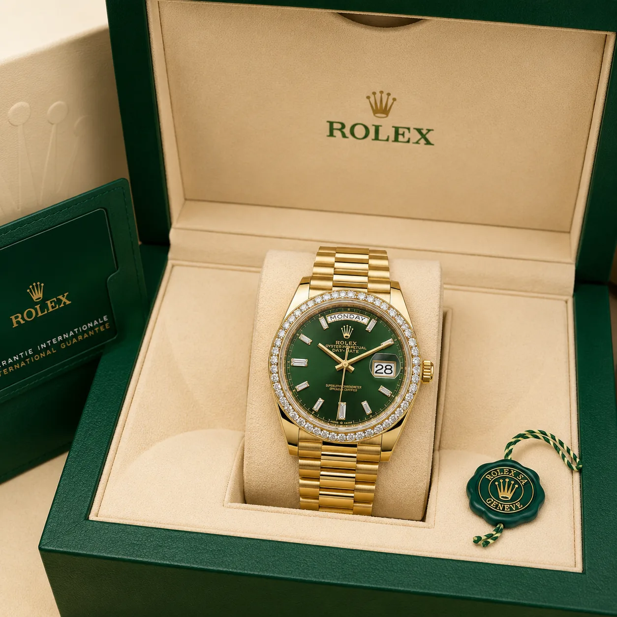 Rolex Day-Date m228398tbr-0038 40mm Calibre 3255 Green / Diamond-Set Bezel 18K Yellow Gold AI 头图 5 - 包装盒 [ai-shot:box-shot]