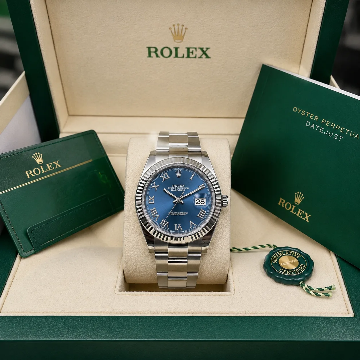 Rolex Datejust m126334-0025 41mm Blue Dial Fluted Bezel 904L Stainless Steel and 18K White Gold AI 头图 5 - 包装盒 [ai-shot:box-shot]