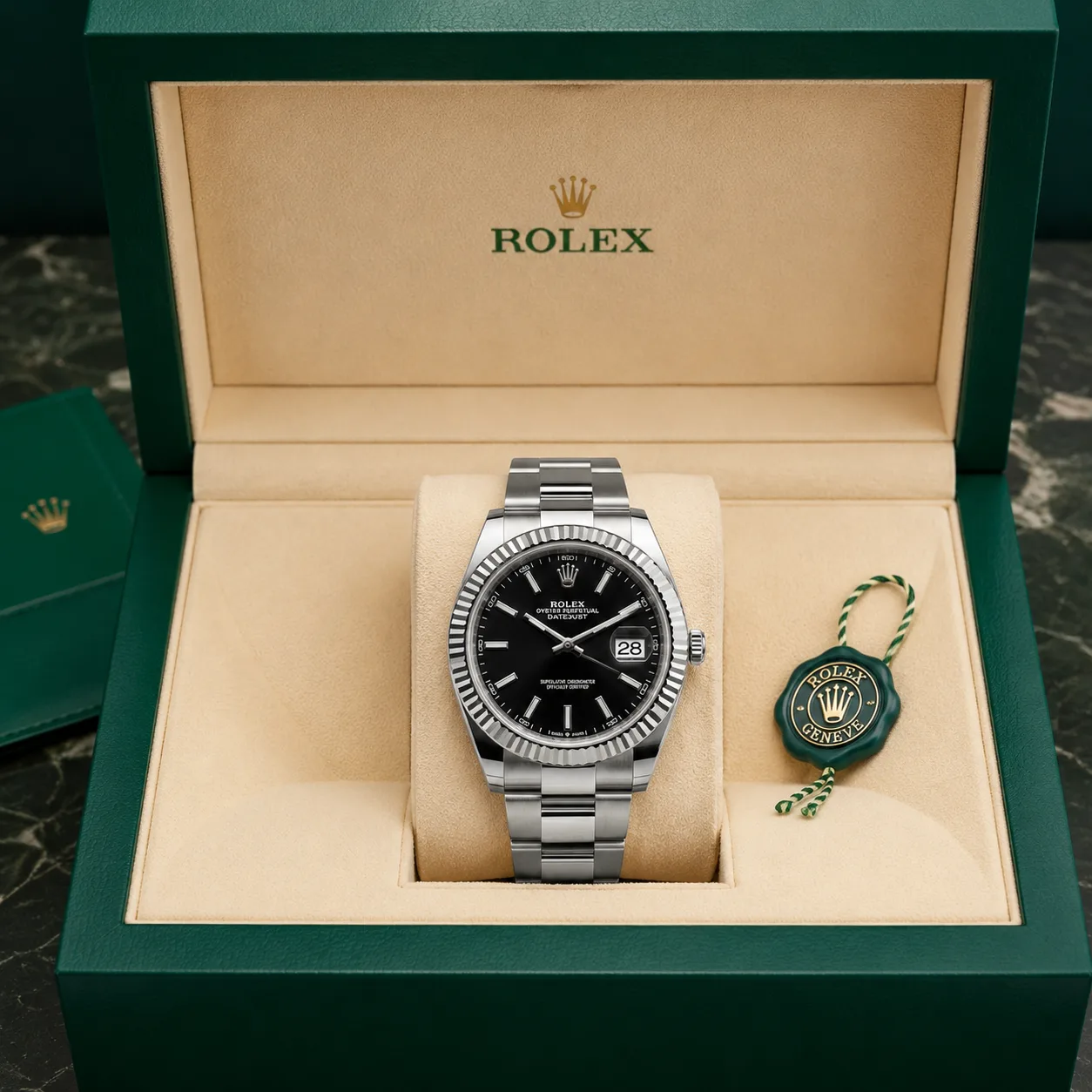 Rolex Datejust m126334-0003 41mm Calibre 3235 Black / Fluted Bezel 904L Stainless Steel and 18K White Gold AI 头图 5 - 包装盒 [ai-shot:box-shot]