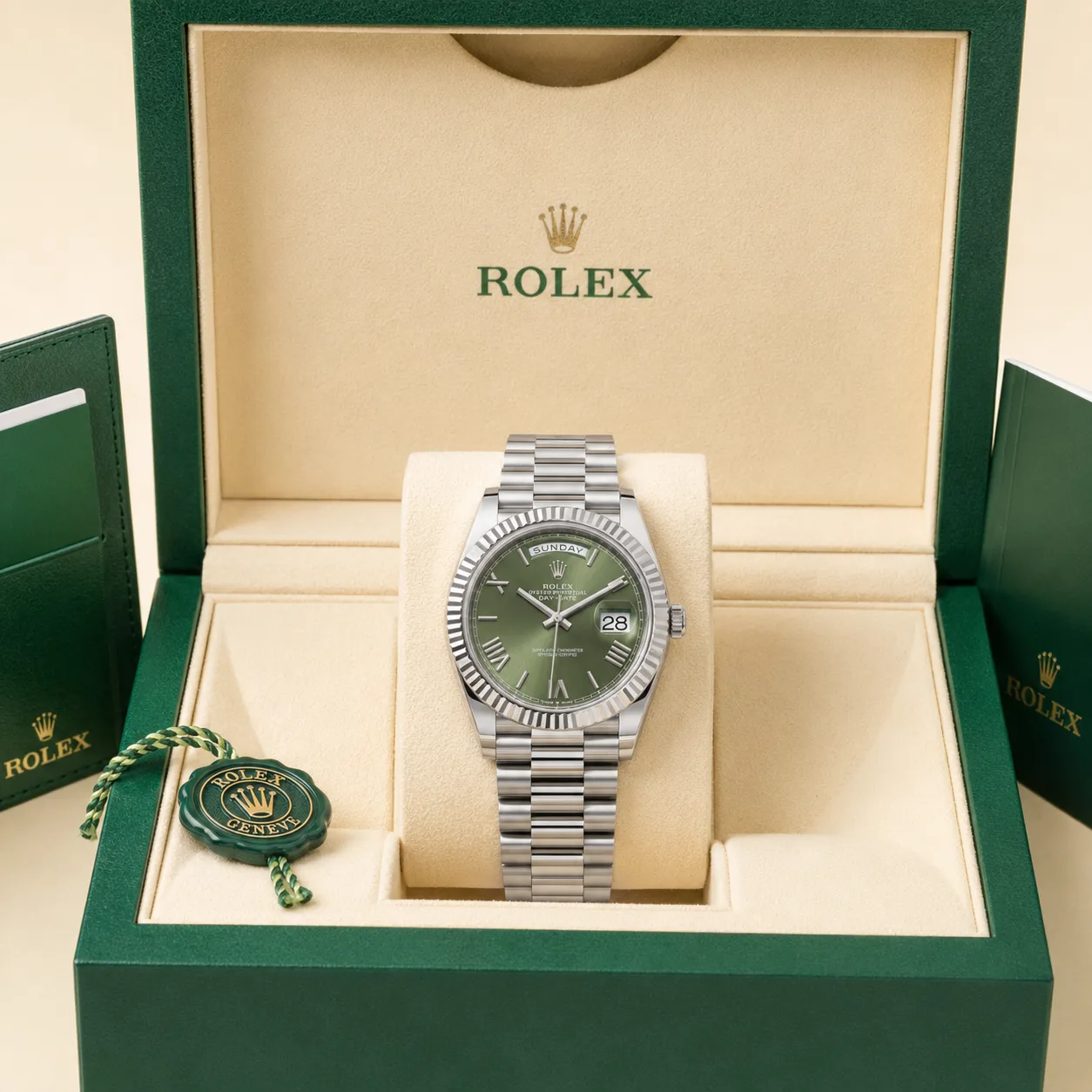 Rolex Day-Date m228236-0008 40mm Olive Green Dial Fluted Bezel 950 Platinum AI 头图 5 - 包装盒 [ai-shot:box-shot]