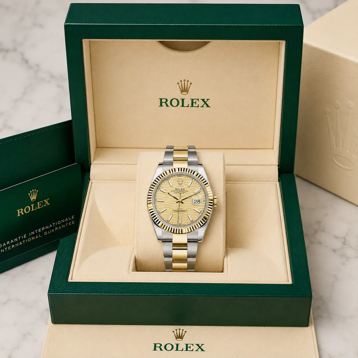 Rolex Datejust m126333-0021 41mm Calibre 3235 Black / Fluted Bezel 904L Stainless Steel and 18K Yellow Gold AI 头图 5 - 包装盒 [ai-shot:box-shot]