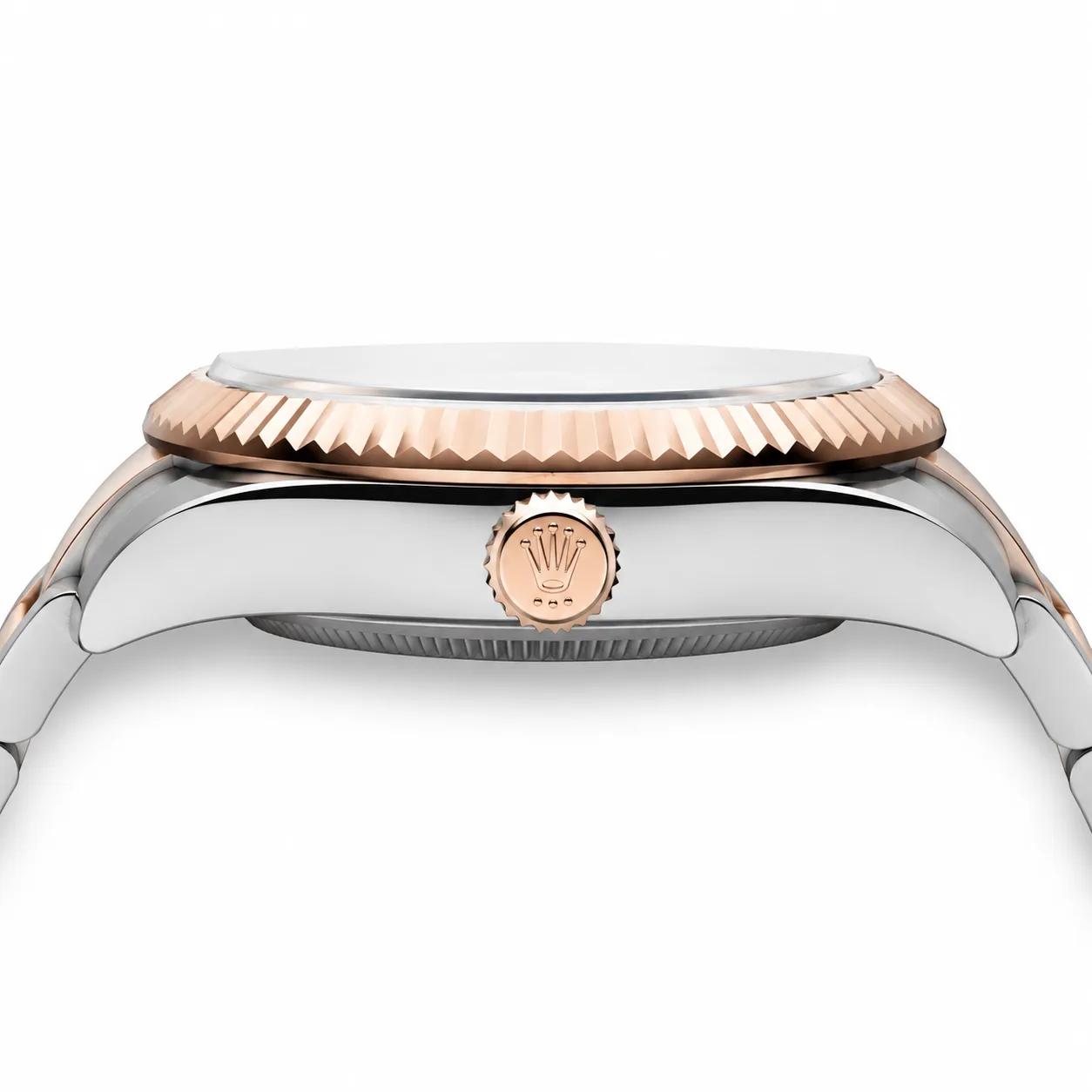 Rolex Sky-Dweller m116681-0002 42mm White Dial Fluted Bezel 904L Stainless Steel and 18K Everose Gold AI 头图 2 - 侧面细节 [ai-shot:side-detail]