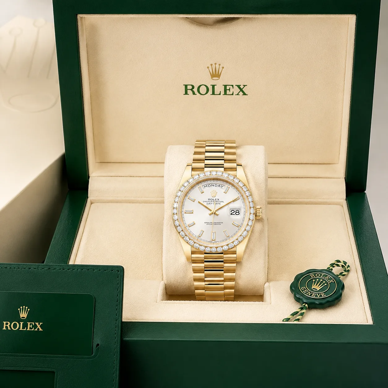 Rolex Day-Date m228398tbr-0002 40mm White Dial Diamond-Set Bezel 18K Yellow Gold AI 头图 5 - 包装盒 [ai-shot:box-shot]