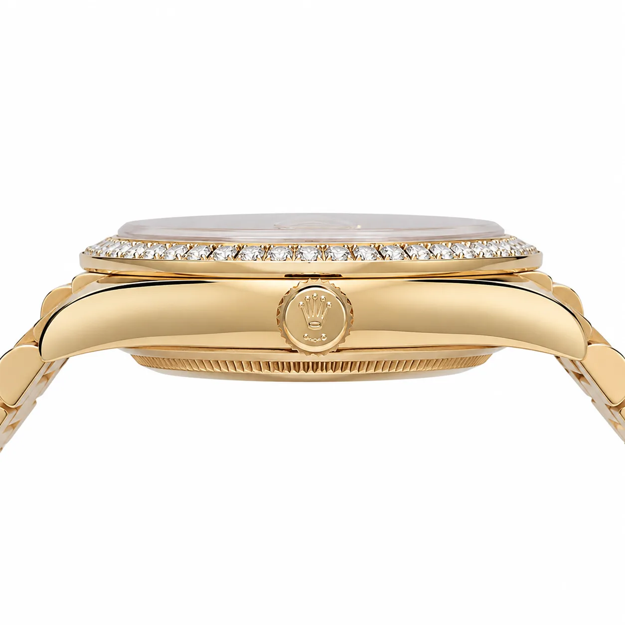 Rolex Day-Date m228398tbr-0002 40mm White Dial Diamond-Set Bezel 18K Yellow Gold AI 头图 2 - 侧面细节 [ai-shot:side-detail]