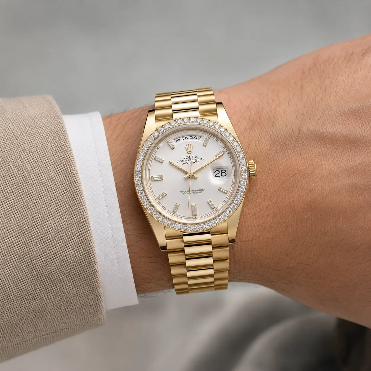 Rolex Day-Date m228398tbr-0002 40mm White Dial Diamond-Set Bezel 18K Yellow Gold AI 头图 4 - 佩戴图 [ai-shot:wrist-shot]