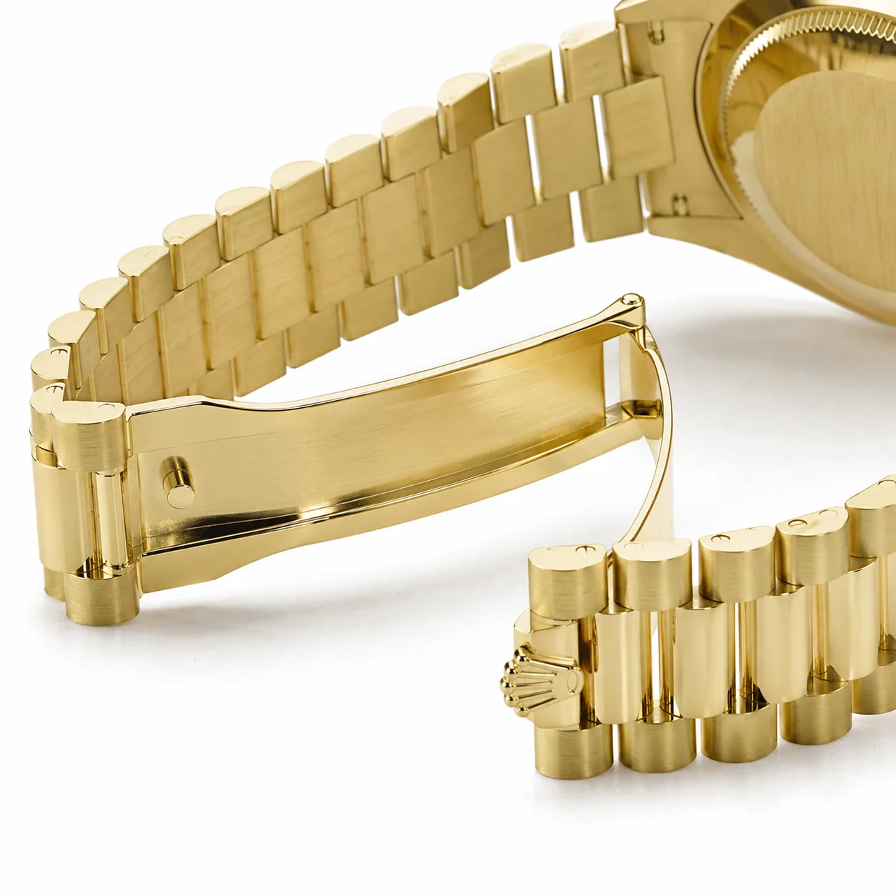 Rolex Day-Date m228238-0054 40mm Calibre 3255 Olive Green / Fluted Bezel 18K Yellow Gold AI 头图 3 - 表扣表链 [ai-shot:bracelet-clasp]