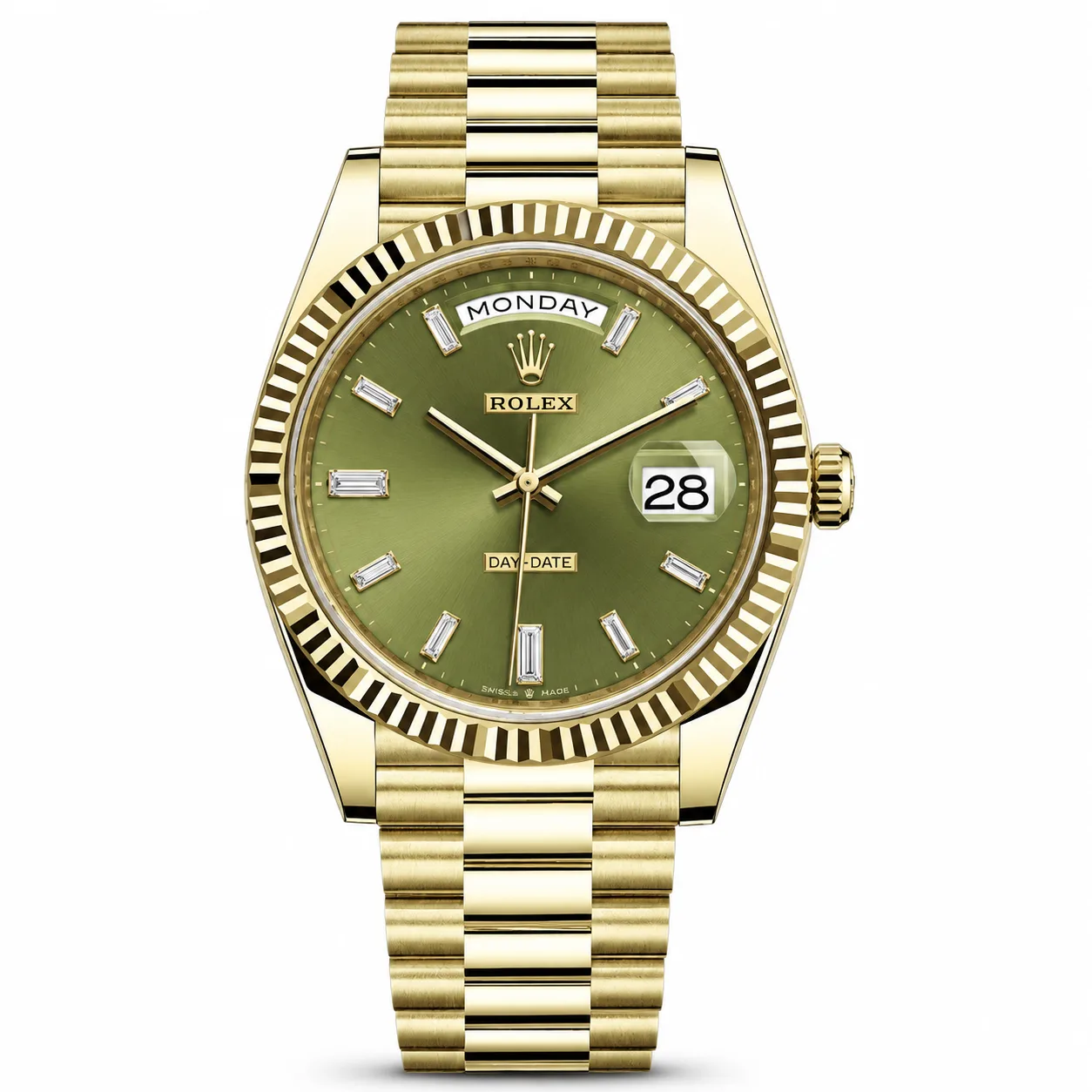 Rolex Day-Date m228238-0054 40mm Calibre 3255 Olive Green / Fluted Bezel 18K Yellow Gold AI 头图 1 - 白底全貌 [ai-shot:full-white]